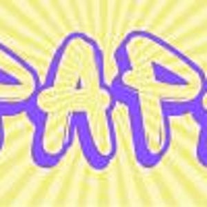 May include: A banner with the text "BIG PAPA CO." in purple, stylized lettering. The background is yellow with radiating lines. Purple paw prints, cat silhouettes, and palm tree graphics are scattered around the text.