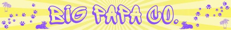 May include: A banner with the text "BIG PAPA CO." in purple, stylized lettering. The background is yellow with radiating lines. Purple paw prints, cat silhouettes, and palm tree graphics are scattered around the text.