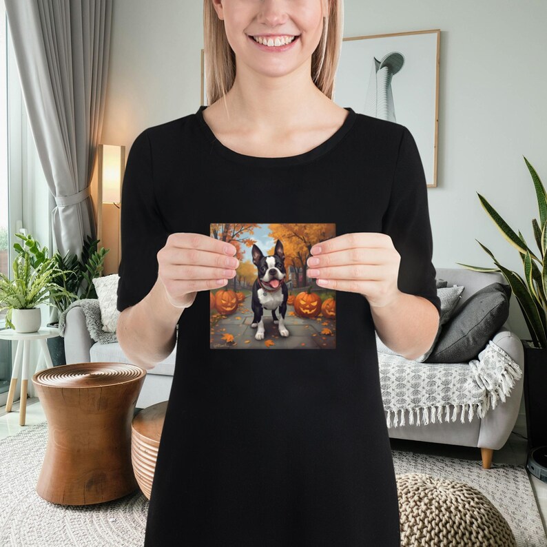 May include: A square print featuring a Boston Terrier dog with a black and white coat, standing on a path with pumpkins and autumn leaves. The background shows trees with orange and yellow foliage, suggesting a fall or Halloween theme.