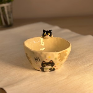 May include: A small, off-white ceramic bowl with a black and white cat design. The bowl has a textured surface and a small black and white cat figurine perched on the rim. The word "HI" is printed on the side of the bowl.