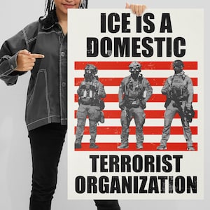 May include: A poster with the text "ICE IS A DOMESTIC TERRORIST ORGANIZATION" in bold black letters. The poster features three figures in military gear standing in front of red and white stripes, resembling the American flag.