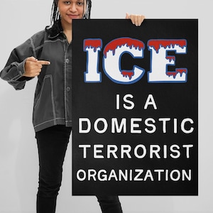 May include: A person holding a black sign with white text that reads "ICE IS A DOMESTIC TERRORIST ORGANIZATION." The word "ICE" is in white with red dripping accents. The person is wearing a gray jacket, black pants, and black and white sneakers.