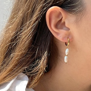 Gold Hoop Earrings with Natural Pearls | Dainty Handmade Pearl Drop Earrings