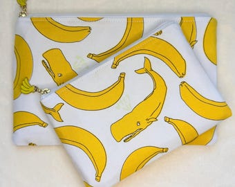 Handmade Funny Banana Whale Zipper Pouch, Coin Purse, Card Holder, Pencil Case, Makeup Bag, Whimsical Gift for Banana Lover Whale Lover