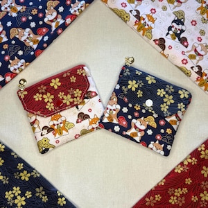 Handmade Card Wallet, Japanese Shiba Inu & Cherry Blossom Pattern, Cotton Coin Purse, Cute Small Gift, Kawaii Dog Pattern