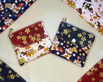 Handmade Japanese Shiba Inu & Cherry Blossom Card Wallet, Various Charm Options, Cotton Coin Purse, Cute Small Gift, Kawaii Dog Pattern