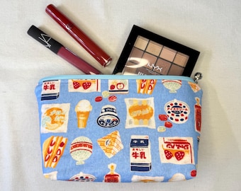 Handmade Japanese Snack Print Zipper Pouch, Gusseted Cosmetic Bag, Kawaii Makeup Pouch, Cute Gift Idea