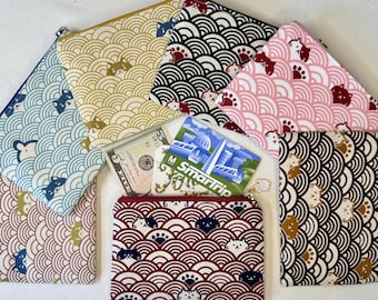 Handmade Cat & Shiba Inu Seigaiha Wave Pattern Pouch, Japanese Style Coin Purse, Card Holder, Small Zipper Bag, Cute Gift