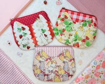 Handmade Strawberry Bunny Pouch, Cotton Zipper Coin Purse, Cute Rabbit Card Wallet, Kawaii Animal Gift