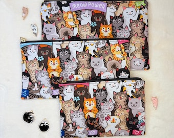 Handmade Cat Pattern Zipper Cotton Pouch, Customizable, Charm Options, Coin Purse, Pencil Case, Card Holder, Kawaii Gift for Cat Lovers