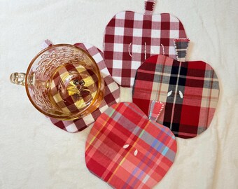 Handmade Apple Coaster Trio – Mixed Plaid Yarn-Dyed Cotton Mug Rugs, Farmhouse Table Decor, Cottagecore Kitchen Gift, Set of 3