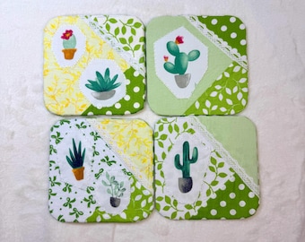 Handmade Plant Patchwork Coaster Set, Green Botanical Cactus Succulent Mug Rugs, Cotton Fabric Lace, Unique Plant Lover Gift, Set of 4