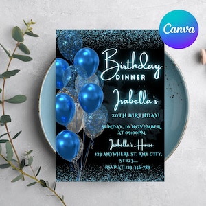 Blue Birthday Dinner Digital Invite, Birthday Dinner Invite, Digital Birthday Dinner, Dinner Party Invite, Instant Download