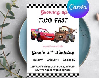 Invitation fête d'anniversaire voitures, Anniversaire Lightning Mcqueen, Invitation fête voitures, deuxième anniversaire, Deux voitures rapides, 2 voitures