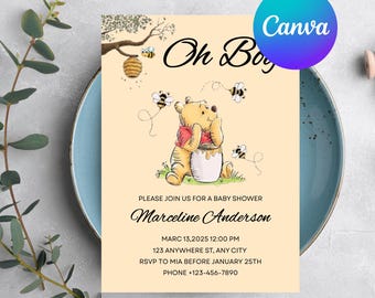 Editable Winnie the Pooh Baby Shower Invitation, Digital Invitation Oh Boy, Blue Winnie The Pooh Invitation, Pooh Printable Template