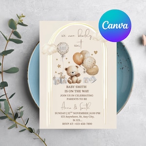 Teddy bear baby shower invitation template, we can bearly wait baby shower invite, bear with balloons baby shower download, Gender neutral