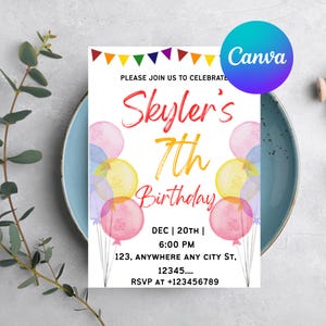 Balloon Birthday Invitation Template, Editable Balloon Birthday Invite, Balloon Birthday party, Kids Birthday Invitation Card, Balloon Bday