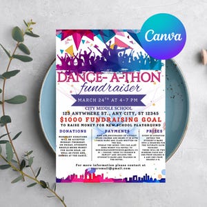 May include: A vibrant poster advertising a "Dance-A-Thon" fundraiser. The design includes dancing silhouettes, geometric shapes, and the text "Dance-A-Thon fundraiser". The event is on March 24th at City Middle School to raise money for a new school playground.