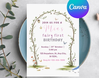 Boho Fee Einladung zum Geburtstag: Zauberhafte Gartenparty einladen (Canva Template)