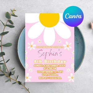 Faire-part de fille de fête d&#39;anniversaire arc-en-ciel pastel marguerite modifiable, faire la fête Invitation anniversaire marguerite groovy, modèle d&#39;Invitation toile