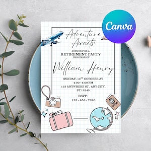 EDITABLE, Retirement Invitation, Surprise Retirement, Retirement Celebration, Adventure Awaits, Let the adventure begin, Happy Retirement