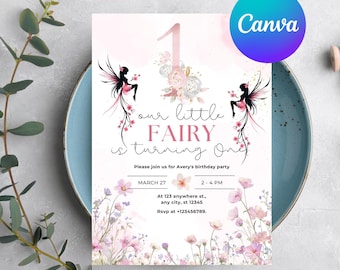 Faire-part premier anniversaire fée modifiable, invitation imprimable florale 1er anniversaire pastel doux, fête de thé jardin féerique fleurs sauvages