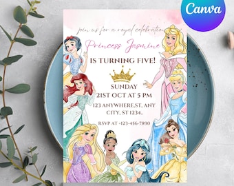 Prinses verjaardagsuitnodiging, koninklijke prinses 4e verjaardag uitnodigen, meisje prinses thema 4e verjaardag, prinsessenfeest koninklijk thema aquarel