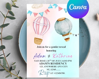 Hot Air Balloon Gender Reveal Invite, Gender Reveal Invitation Template, He or She Reveal Party Invite, Balloon Baby Gender Reveal Invite
