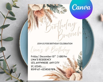 Birthday Brunch Invitation, Birthday Brunch Flyer Birthday, Brunch Invitation, Brunch Party Invite Digital Download, Editable Canva Template