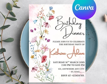 Wildflower Birthday Invitation, Garden Party Invite, Girl Birthday Invitation, Boho Wild Flower Floral Spring Flowers Editable Invite