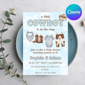May include: A light blue baby shower invitation with a cowboy theme. The invitation features the text "a little COWBOY is on the way" and illustrations of cowboy boots, a bandana, and baby clothes. The invitation includes the names Sophia & Adam, date, time, and RSVP information.