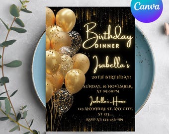 Digital Birthday Dinner Invitation, Black Tie Glam Invite, Black Golden Dinner Invite, Instant Download