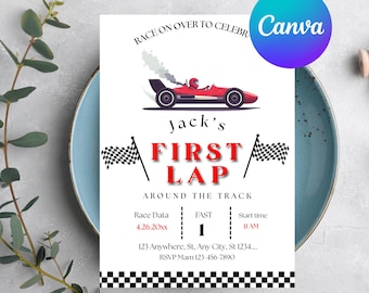 Race Car 1st Birthday Invitation, First Lap Around the Track Birthday Invite for One Year Old Boy, Editable Canva Template, Print or Text