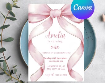 Coquette Pink Bow Birthday Invitation, Pink Bow Birthday Invitation, Ribbon Birthday Invitation, Pink Coquette Bow Invite