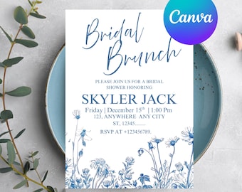 Dusty blue floral Bridal Brunch invitation template blue flower Bridal Shower invite vintage floral Bridal Shower Brunch Invite Printable
