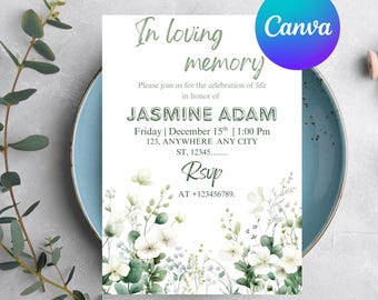 Editable Greenery Funeral Invitation Green Funeral Announcement Template In Loving Memory Invitations Obituary Invite For man & women