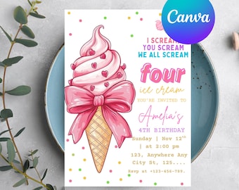 Ice Cream Birthday Invitation, I scream You Scream We All Scream Four Ice Cream, 4th Birthday Invite Pink Ice Cream Party, Canva Template