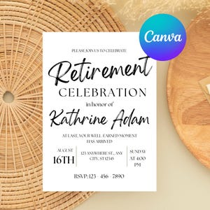 May include: A white invitation card with black text announces a retirement celebration for Kathrine Adam. The card includes the date, time, and RSVP information. The Canva logo is in the upper right corner.