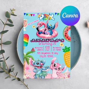 Stitch Pool Party Birthday Invitation for Girl Editable Stitch Invitation Hawaii party invite Tropical birthday invitation