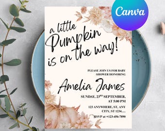 Little Pumpkin Baby Shower Invitation, Blue Truck Fall Shower Invite, Autumn Baby Shower Invite Editable Printable Download