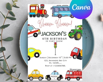 Transportation Birthday Invitation, Truck and Cars Birthday, Truck Birthday Invitation, Train, Cars Birthday Invite, Digital Download