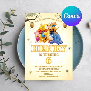 Editable Winnie the Pooh-Inspired Birthday Invitation | Cute Honey Bear Party Invite | Canva Template | Kids 1st 2nd 3rd Birthday