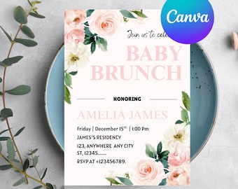Baby-Brunch-Einladung, Wildblumen-Babyparty-Einladung, bearbeitbare Vorlage Digitaler Download, Blumen-Baby-Brunch-Babyparty-Einladung