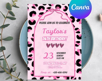 Invitación de cumpleaños con estampado de guepardo: Invitación para fiesta coqueta con lazo rosa