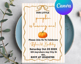 Invito modificabile per il primo compleanno della nostra piccola zucca, invito per il primo compleanno di una ragazza, autunno, boho, Halloween, download digitale, stampabile, carino