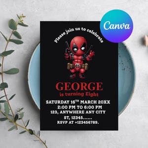 Invitation Deadpool, fête d&#39;anniversaire, invitation d&#39;anniversaire super-vilain, modèle modifiable pour le Web, téléchargement numérique