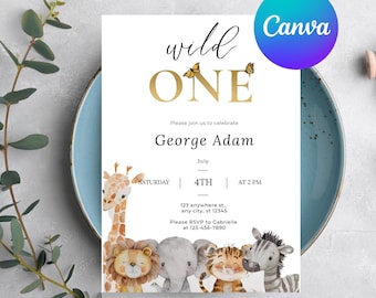 Invitación de primer cumpleaños de safari, cumpleaños de Wild One, primer cumpleaños, invitación de cumpleaños de la jungla, fiesta de animales de la jungla, plantilla de Canva
