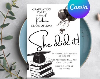 Editable Black Bow Graduation Party Invitation, Graduation Announcement Template, Minimalist Graduation Invitation, Grad Party Invite
