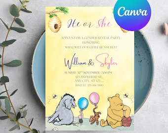 Winnie The Pooh Invitation, Winnie The Pooh Gender reveal Invitations, Winnie The Pooh gender reveal Invitations, Winnie baby shower