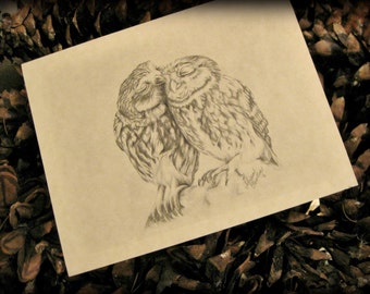 Original Art Stationery... Two Owls Note Cards "Love Birds"